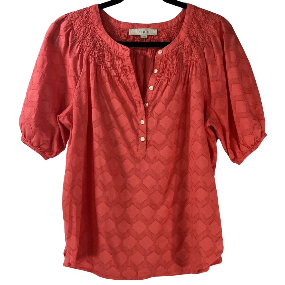 LOFT Coral Pink Textured Button Front Puff Sleeve Blouse Size S